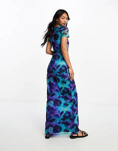Синее сетчатое платье миди с v-образным вырезом ASOS DESIGN с цветочным принтом