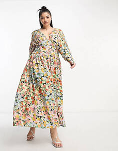 Платье миди с цветочным принтом и пуговицами из вискозы ASOS DESIGN Curve