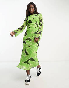 Зеленое шифоновое платье миди с длинными рукавами ASOS DESIGN с абстрактным принтом