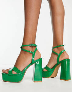 Зеленые лакированные босоножки на каблуке на платформе New Look