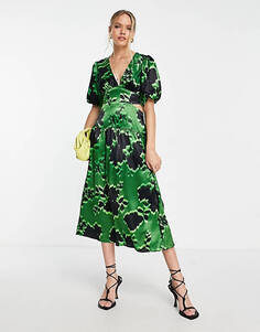 Зеленое платье миди с вырезом на талии и цветочным принтом Topshop