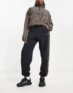 Черные джоггеры с леопардовым принтом и тремя полосками adidas Originals