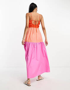 Розовое платье миди со сборками в стиле колор-блок Mango