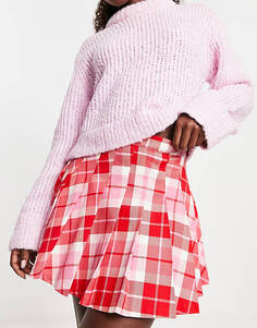 Плиссированная мини-юбка-килт в розово-красную клетку Monki