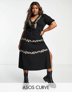 Черное многоярусное платье миди с завязками спереди и цветочной вышивкой ASOS DESIGN Curve