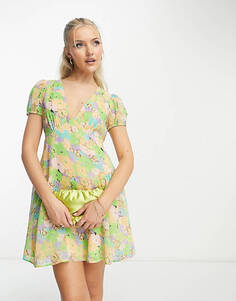 Шифоновое платье мини с короткими рукавами и v-образным вырезом ASOS DESIGN с цветочным принтом