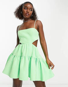 Ярко-зеленое структурированное мини-платье Bardot с вырезами и карманами