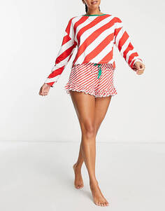 Красно-белый комплект из свитера с напуском и короткой пижамы в рождественскую полоску ASOS DESIGN