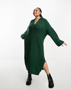 Темно-зеленое трикотажное платье макси с открытым воротником ASOS DESIGN Curve