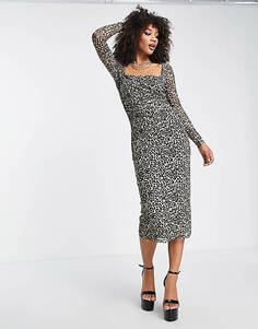 Леопардовое платье макси с длинными рукавами и квадратным вырезом - BROWN Edited