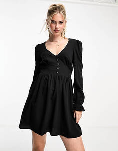 Черное платье мини с длинными рукавами и v-образным вырезом Monki