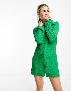 Зеленое платье мини Monki с воротником-стойкой и салатовым краем