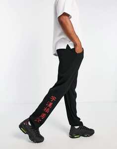 Черные прямые плиссированные брюки с японским текстовым принтом Liquor N Poker