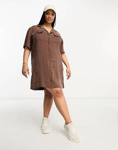 Шоколадное практичное платье-рубашка с карманами ASOS DESIGN Curve