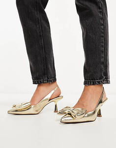 Золотистые туфли на среднем каблуке с бантом ASOS DESIGN Wide Fit Scarlett