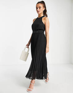 Черное плиссированное платье миди с высоким воротником и плиссировкой Style Cheat