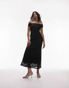 Черное кружевное платье макси с открытыми плечами Topshop