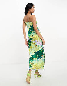 Атласное платье средней длины с зеленым мраморным принтом Never Fully Dressed