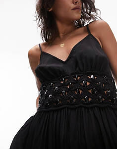 Черное платье макси с вышивкой на талии Topshop