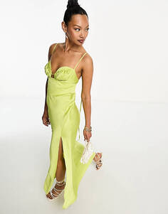 Зеленое атласное платье миди с глубоким вырезом и корсетом ASOS DESIGN