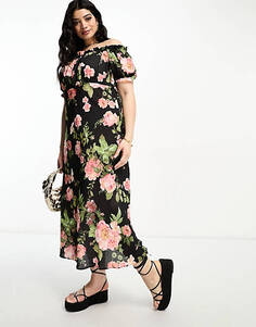 Платье миди с квадратным вырезом и завязками спереди ASOS DESIGN Curve Milkmaid с розовым цветочным принтом