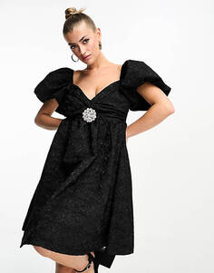 Черное жаккардовое мини-платье Forever Unique с украшенной брошью