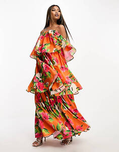 Многоярусное платье средней длины с оранжевым цветочным принтом Forever Unique