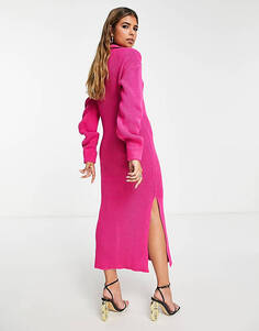 Эксклюзивное розовое платье миди с вязаным воротником In The Style