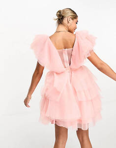Пудрово-розовое платье мини из тюля с завязками на талии и оборками Forever Unique