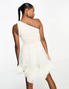 Эксклюзивное мини-платье цвета слоновой кости на одно плечо из тюля с кружевом и бисером Petite Lace & Beads