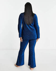 Синий пижамный комплект из рубашки и брюк с блестками ASOS DESIGN Curve