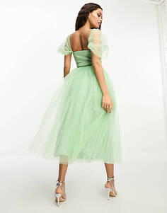 Яблочно-зеленое платье миди из тюля Lace &amp; Beads Petite со сборками