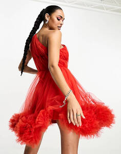 Эксклюзивное красное мини-платье из тюля на одно плечо с оборками и подолом Lace &amp; Beads