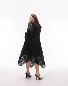 Черное кружевное платье миди со сборками и длинными рукавами Topshop Curve