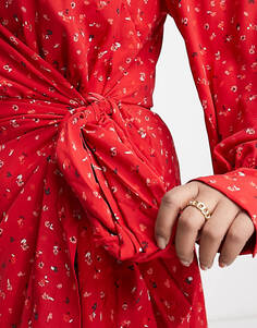 Разноцветное красное платье с запахом и длинными рукавами Glamorous Curve