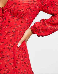 Гламурное красное платье миди с объемными рукавами и v-образным вырезом Glamorous