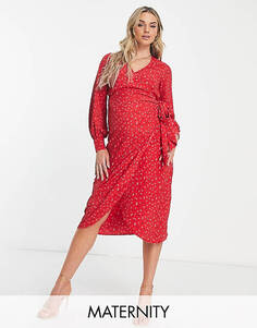 Разноцветное красное платье миди с запахом и длинными рукавами Glamorous Maternity