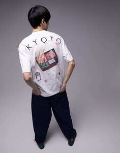 Белая футболка оверсайз с принтом Kyoto спереди и сзади Topman