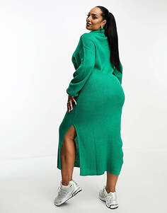 Эксклюзивное зеленое платье-джемпер миди с трикотажным воротником In The Style Plus