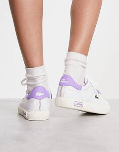 Lacoste Powercourt 2.0 белые кожаные кроссовки с фиолетовой язычком сзади