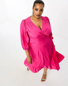 Ярко-розовое платье миди с запахом и объемными рукавами Only Curve