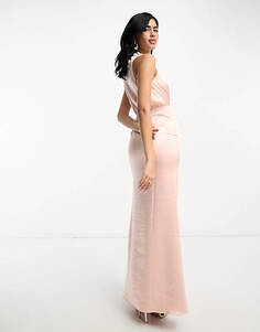 Розовое атласное платье макси с высоким воротником и драпировкой Pretty Lavish Bridesmaid Farrah