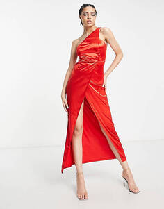 Красное атласное платье макси на одно плечо Femme Luxe