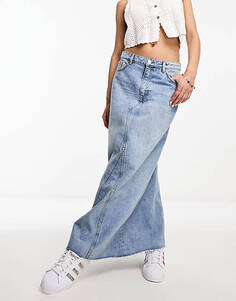 Синяя джинсовая юбка макси с разрезом спереди Monki