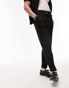 Черные непринужденные брюки из твила с закатанным поясом и выраженным выраженным поясом Topman