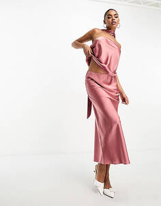 Атласная юбка миди с диагональным узором розового цвета ASOS DESIGN