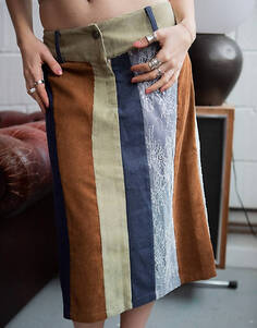Разноцветная вельветовая юбка нестандартной длины в стиле пэчворк Labelrail x Lara Adkins