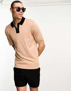 Коричневая рубашка-поло с короткими рукавами и контрастным воротником River Island