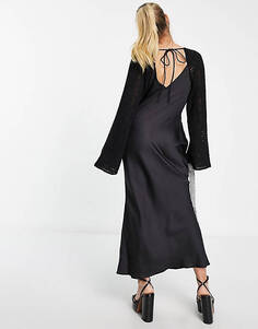 Черное атласное платье макси с длинными рукавами и лифом крючком ASOS DESIGN