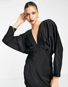 Черное атласное платье макси с глубоким вырезом и открытой спиной ASOS DESIGN